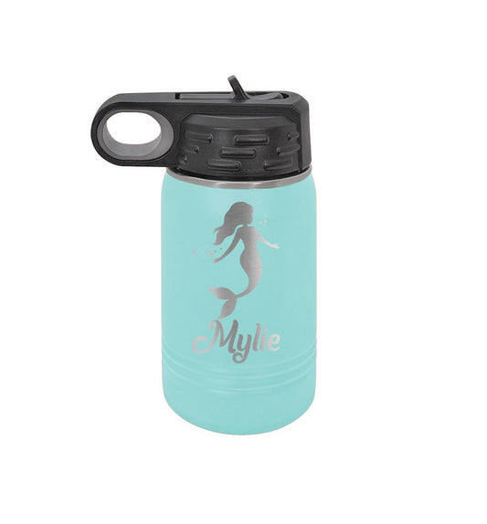 Mermaid Toddler Personalized Kids Water Bottle with Straw Back to School 12 oz Custom Laser Engraved for Boys and Girls Summer Camp