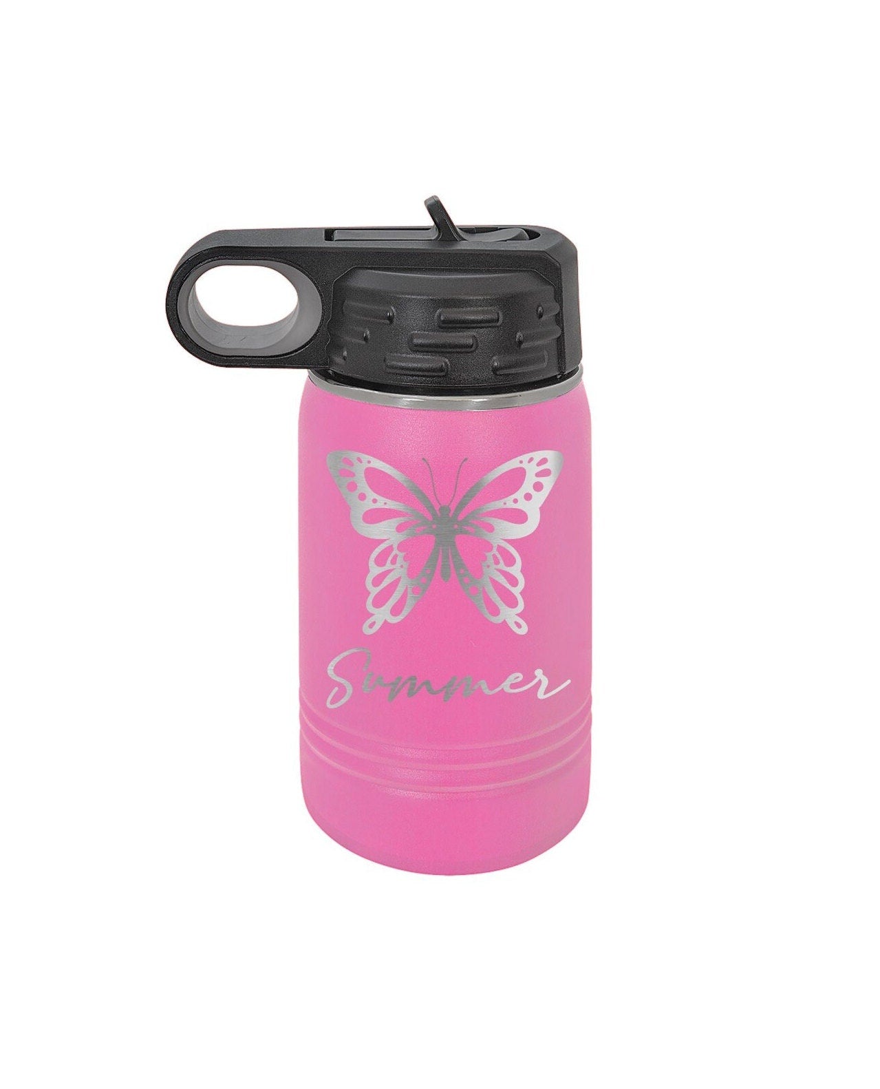 Butterfly Toddler Personalized Kids Water Bottle with Straw Back to School 12 oz Custom Laser Engraved for Boys and Girls Summer Camp