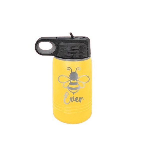 Bee Toddler Personalized Kids Water Bottle with Straw Back to School 12 oz Custom Laser Engraved for Boys and Girls Summer Camp