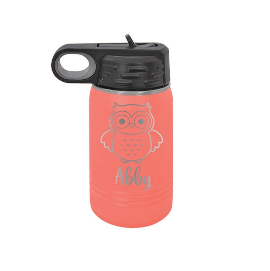 Owl Toddler Personalized Kids Water Bottle with Straw Back to School 12 oz Custom Laser Engraved for Boys and Girls Summer Camp