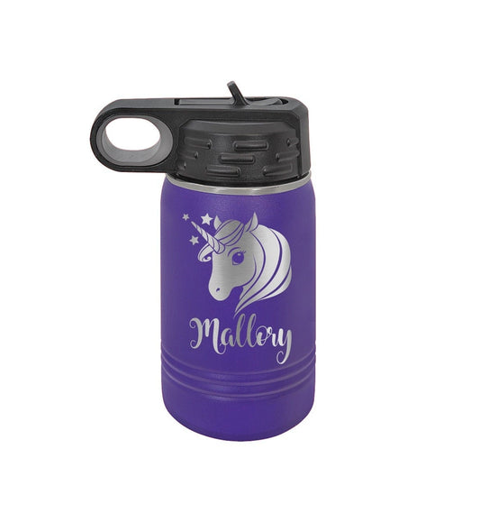 Unicorn Toddler Personalized Kids Water Bottle with Straw Back to School 12 oz Custom Laser Engraved for Boys and Girls Summer Camp