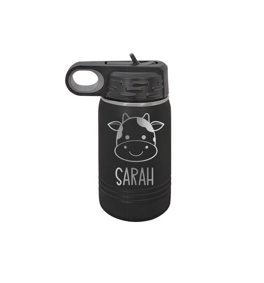 Cow Toddler Personalized Kids Water Bottle with Straw Back to School 12 oz Custom Laser Engraved for Boys and Girls Summer Camp