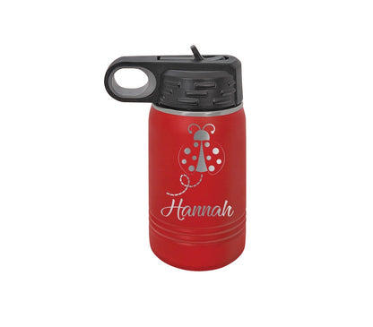 Lady Bug Toddler Personalized Kids Water Bottle with Straw Back to School 12 oz Custom Laser Engraved for Boys and Girls Summer Camp