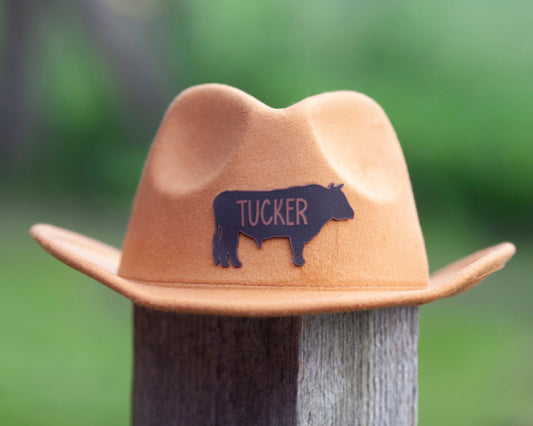 Cowboy Hat Cow Shape With Name for kids, Kids cowboy hat, kids cowboy costume, leather patch hat, custom name design, western kids