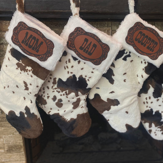 Cow Print Belt Buckle Custom Christmas Stockings Western Theme Personalized Leather Patch Stocking Christmas Decorations Farmhouse